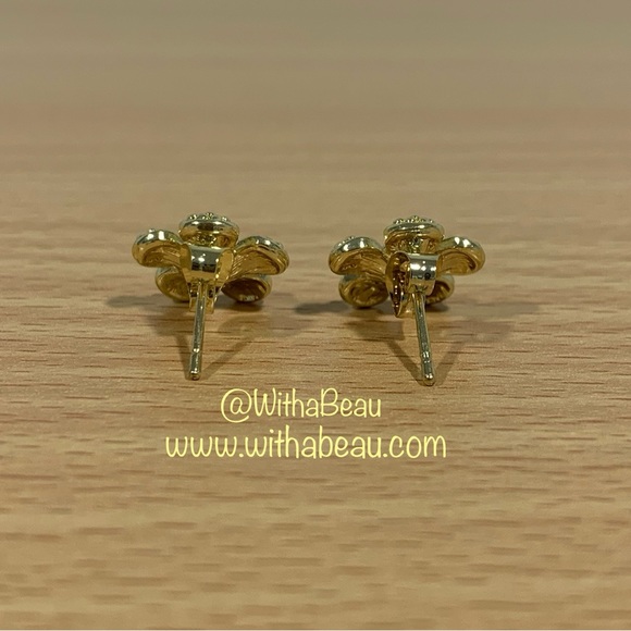 Gold Tone Flower Earrings with Diamond Center - Fiona - Picture 2 of 3
